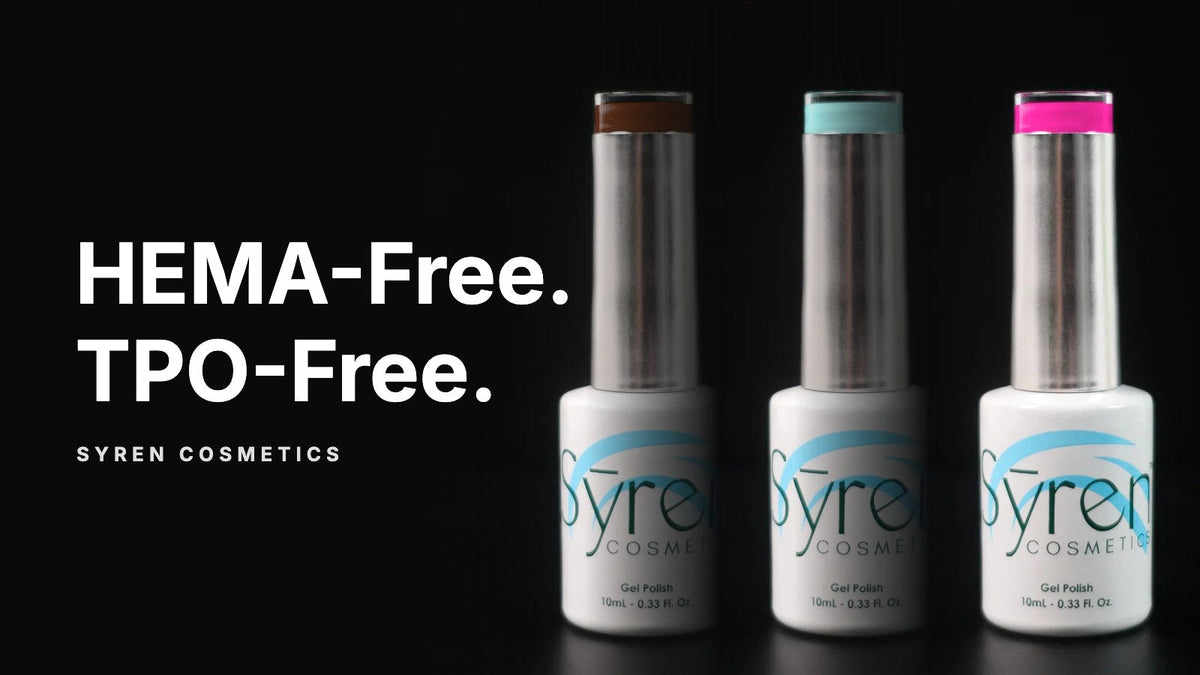 Three Syren Cosmetics HEMA-free, TPO-free gel polish bottles on a black background