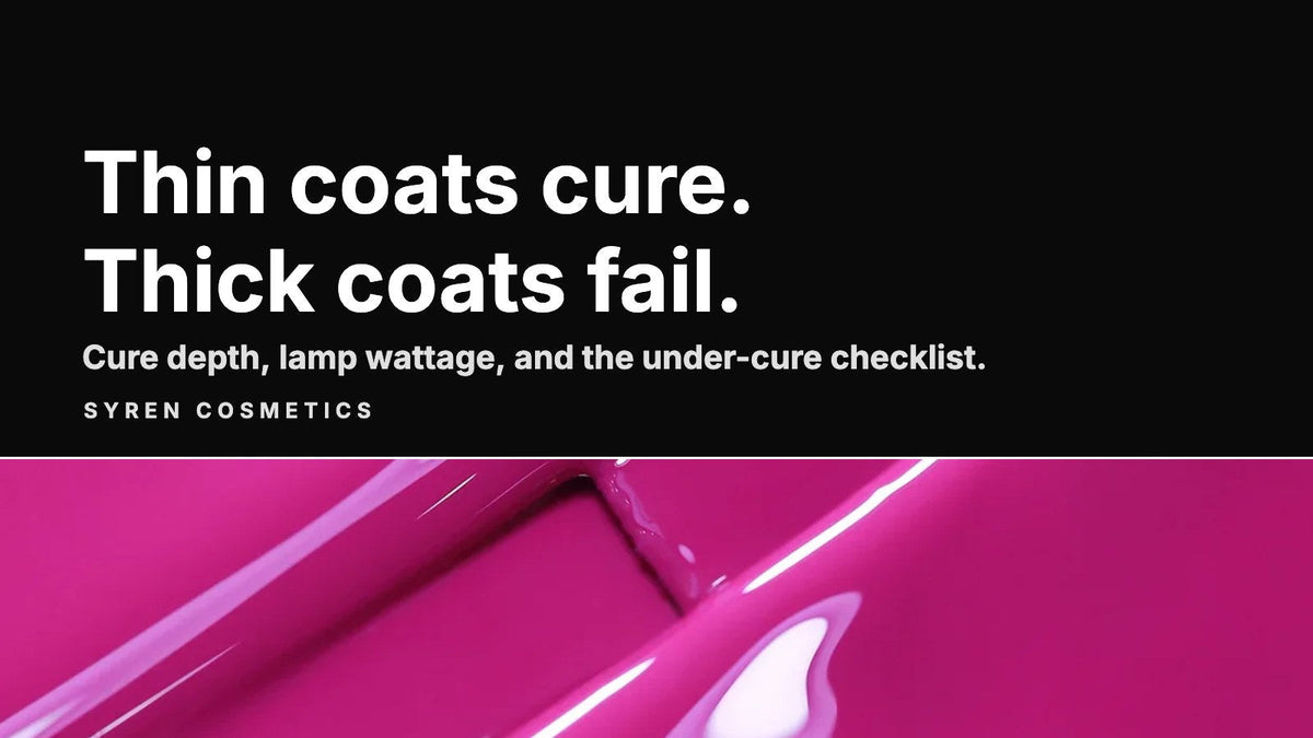 Headline Thin coats cure, thick coats fail above a band of glossy pink Syren Cosmetics gel polish